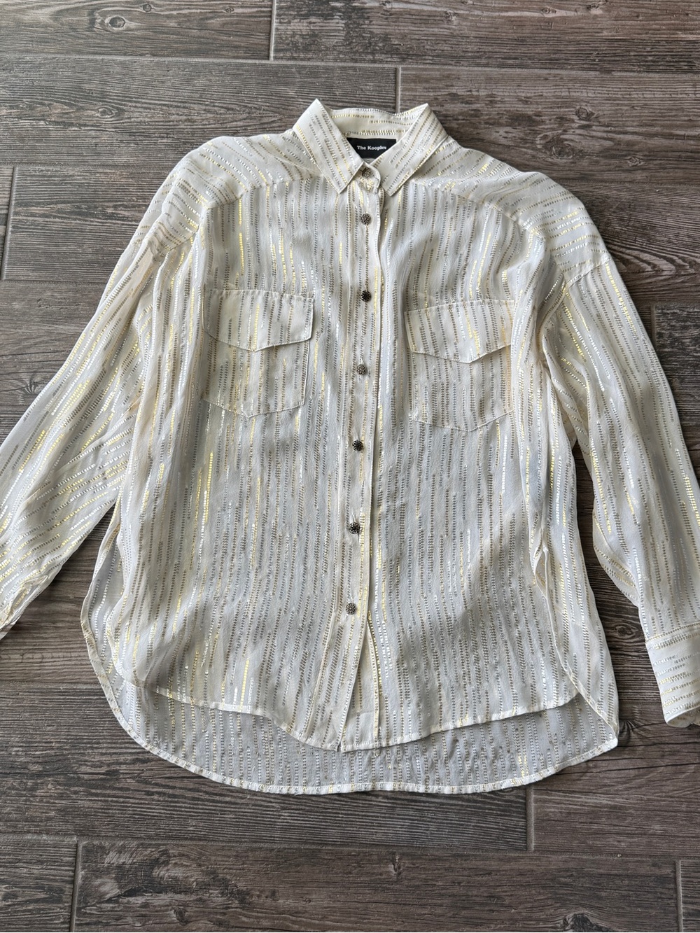 The Kooples Sheer Metallic Gold Lurex Pinstripes Button Down Shirt